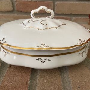 Vintage Pope Gosser cream colored oval covered serving dish with detailed gold t